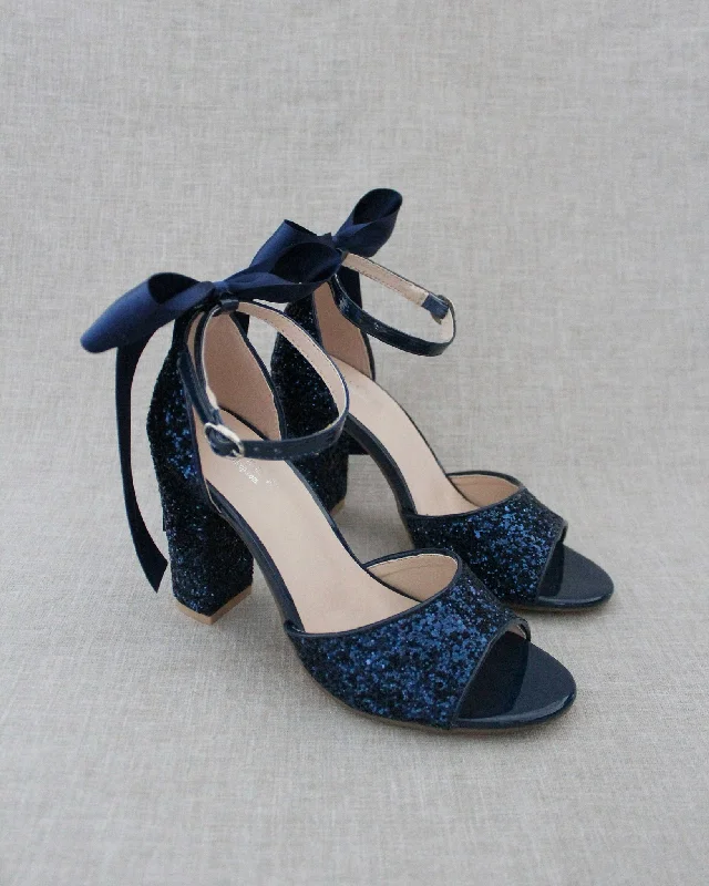 Trendy Chunky Heel Pumps for Casual Wear--Sparkly Tall Evening Block Heel with Long Bow