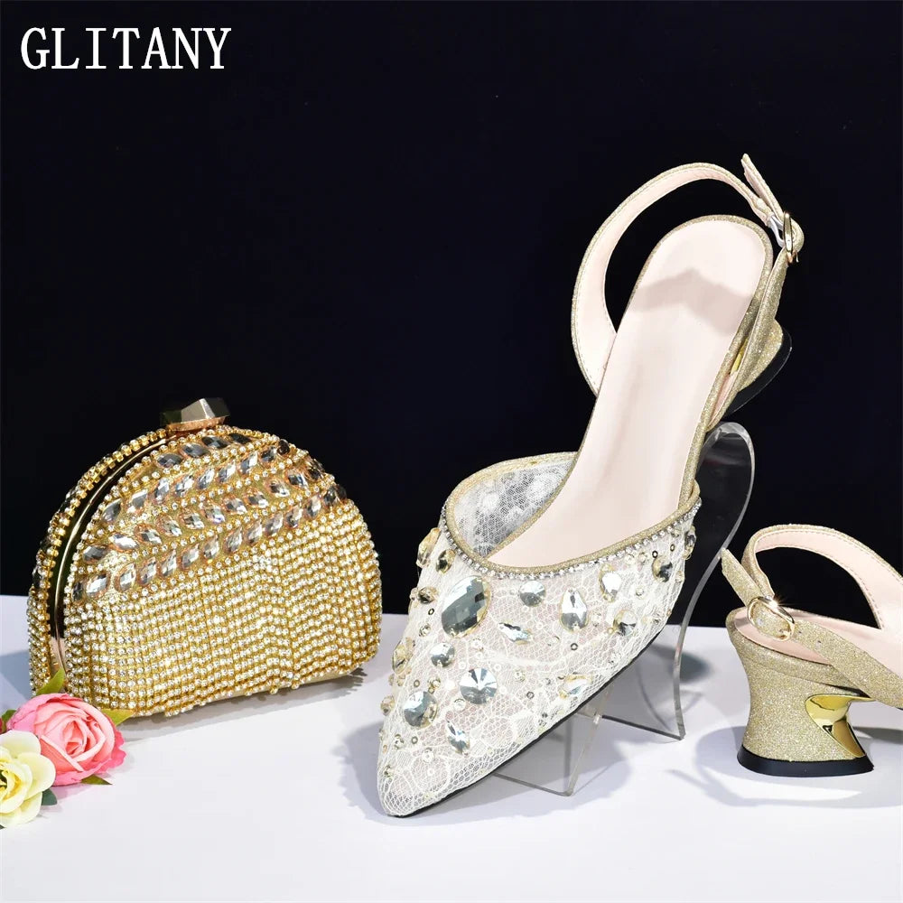 Wedding Shoes and Bag Set with Rhinestone Italian Design Shoes with Matching Bags