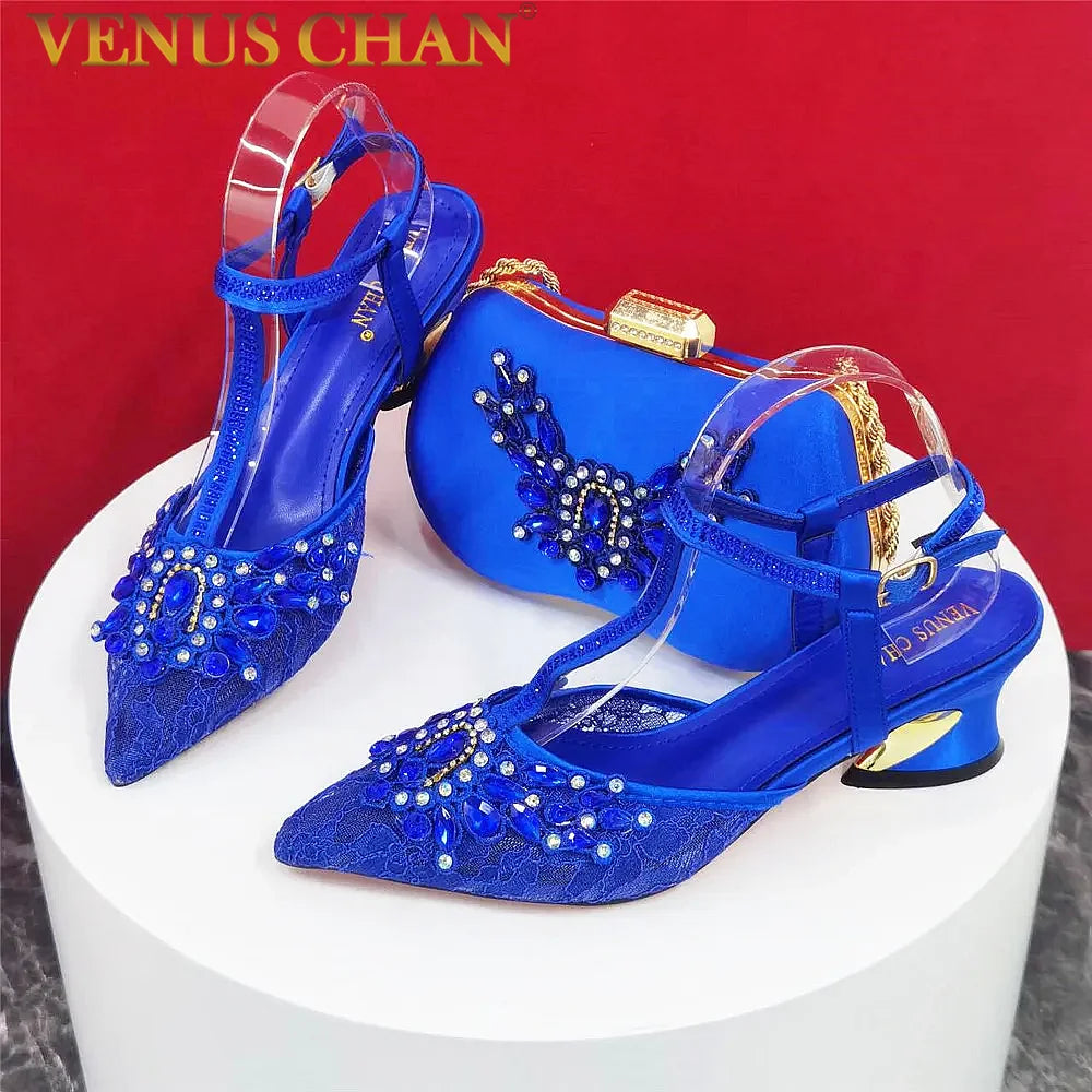 Shoes Matching Bag Set Royal Blue Color Decorated With Crystal Ladies Wedding Party