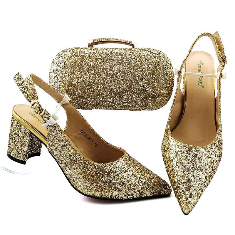 Italian Designer Ladies Shoes and Bag Matching Gold Color African Shoes and Bag