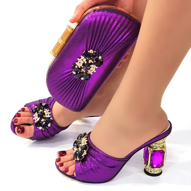 Purple Color Italian Shoes with Matching Bags Shoes and Bag Set African Sets