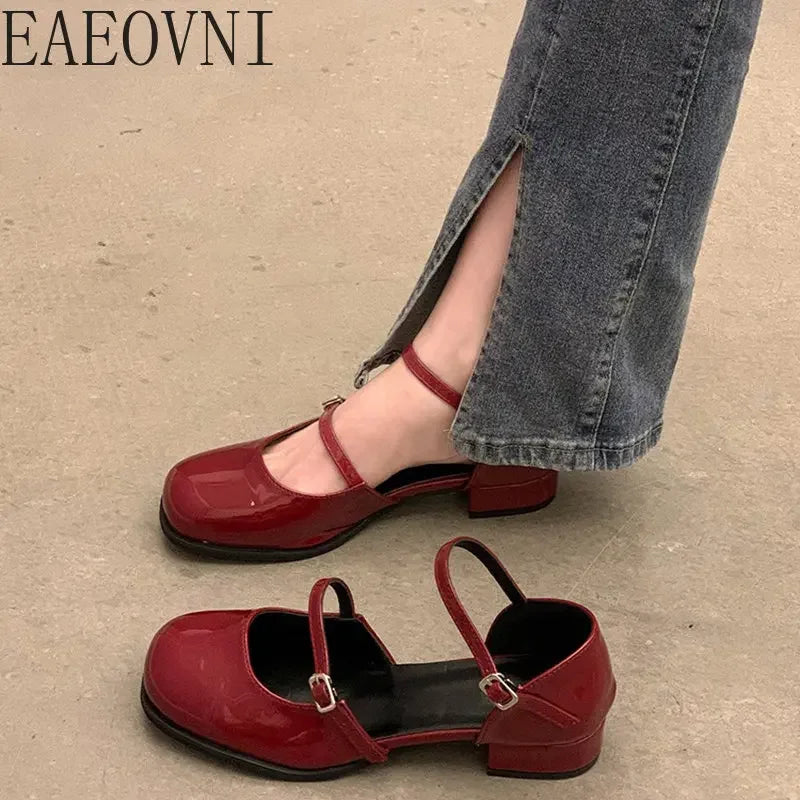 Shoes Buckle Pumps Women Thick Heels Elegant Shallow Square Toe Footwear Party---Durable Square Toe Block Heels for Everyday Use