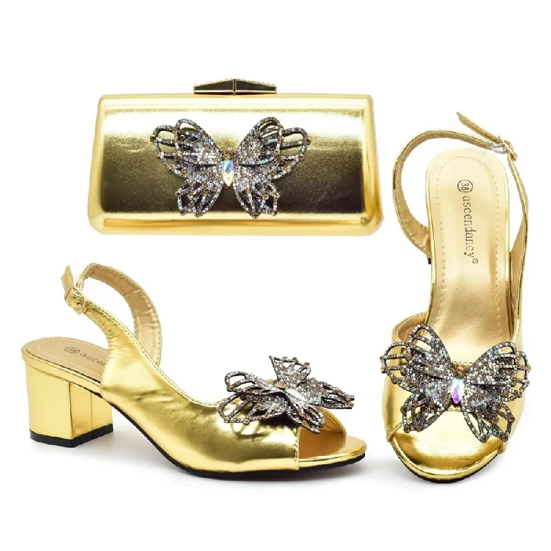 Italian Design Gold Color Women Matching Shoes And Bag