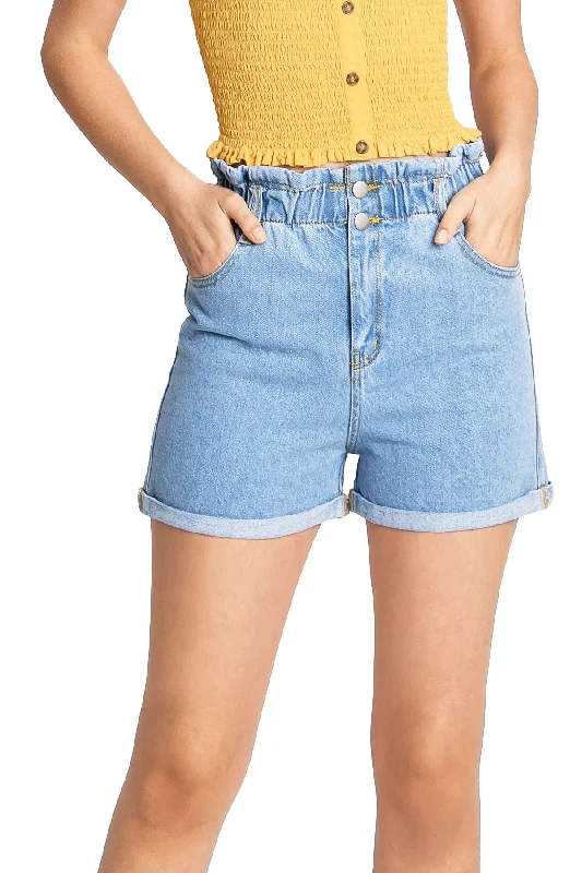 Women's denim shorts with a striped print-Niki Denim Paperbag Shorts