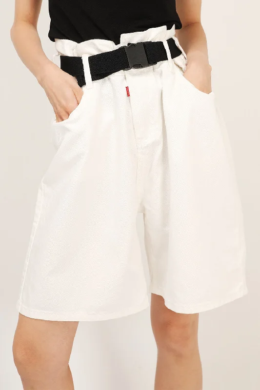 Women's denim shorts for a coffee shop visit-Olive Paperbag Waist Belted Shorts