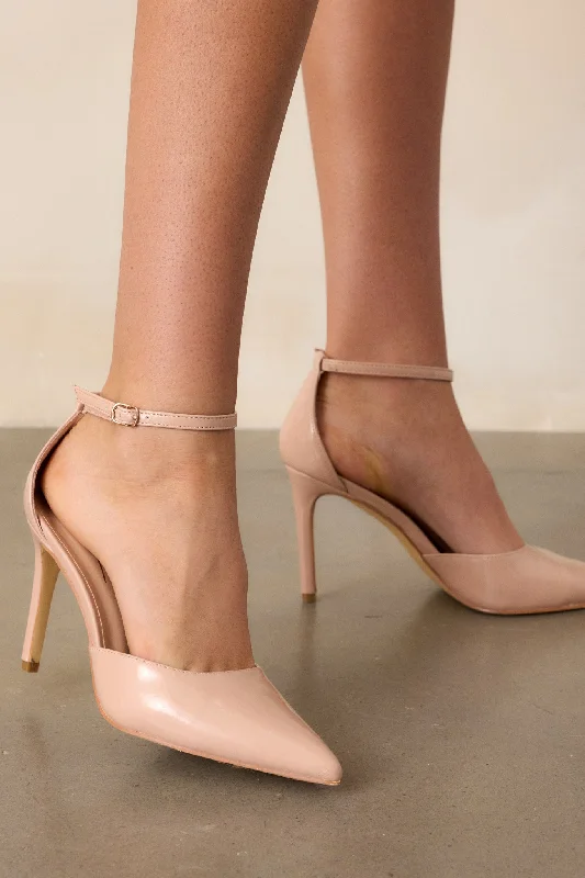 Sleek and Shiny Patent Pump Heels for a Polished Look--On Point Beige Pointed-Toe Patent Ankle Strap Pumps