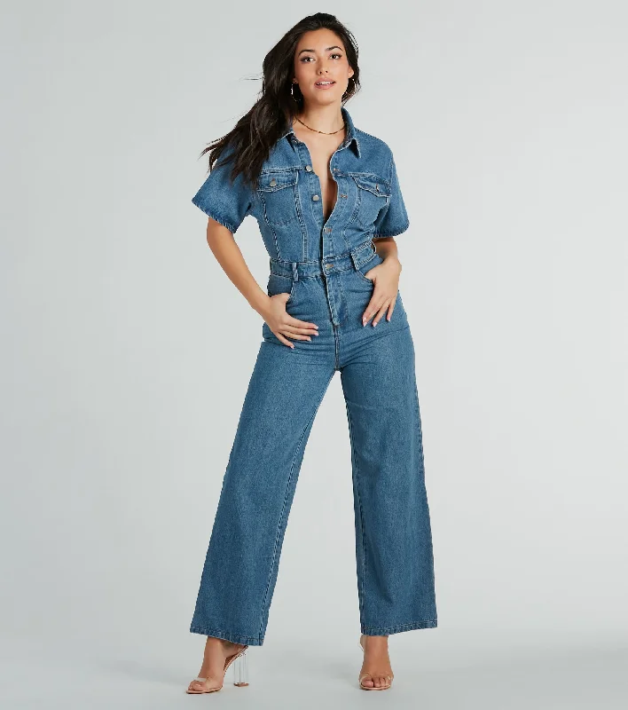 Women's denim shorts for a farmers market-One And Done Short Sleeve Wide-Leg Denim Jumpsuit Women's denim shorts for a farmers market-One And Done Short Sleeve Wide-Leg Denim Jumpsuit