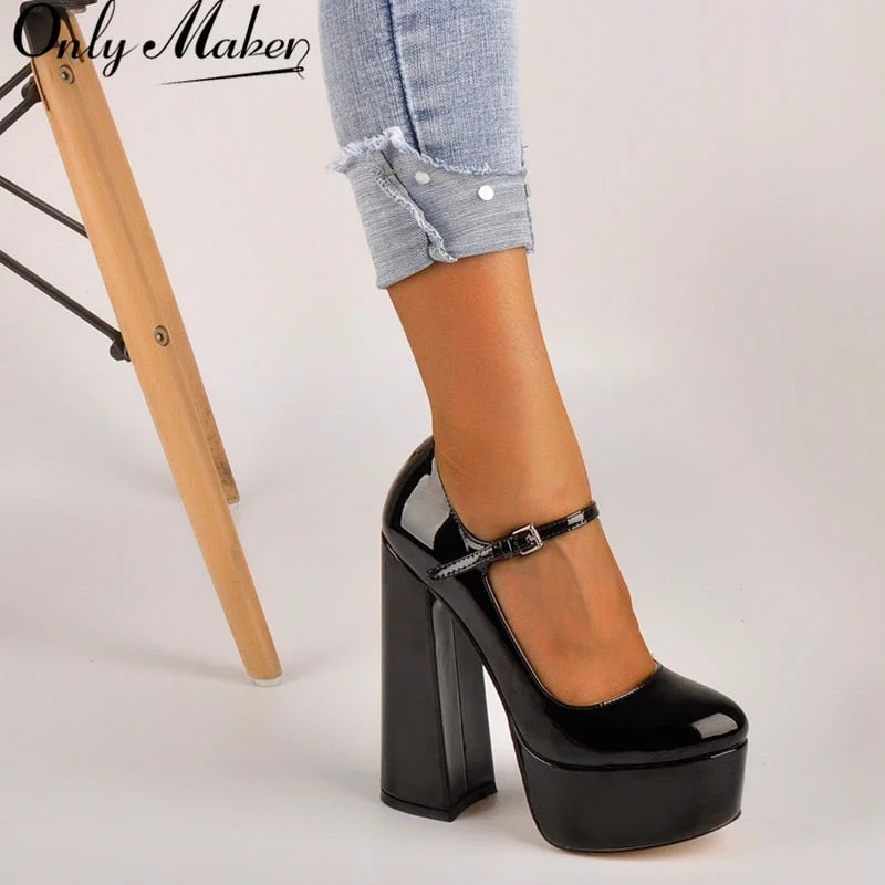 Stylish Platform Heels for Extra Height--Women Pumps Mary-Jane Platform Black Pink Chunky 16CM High Heels Ankle