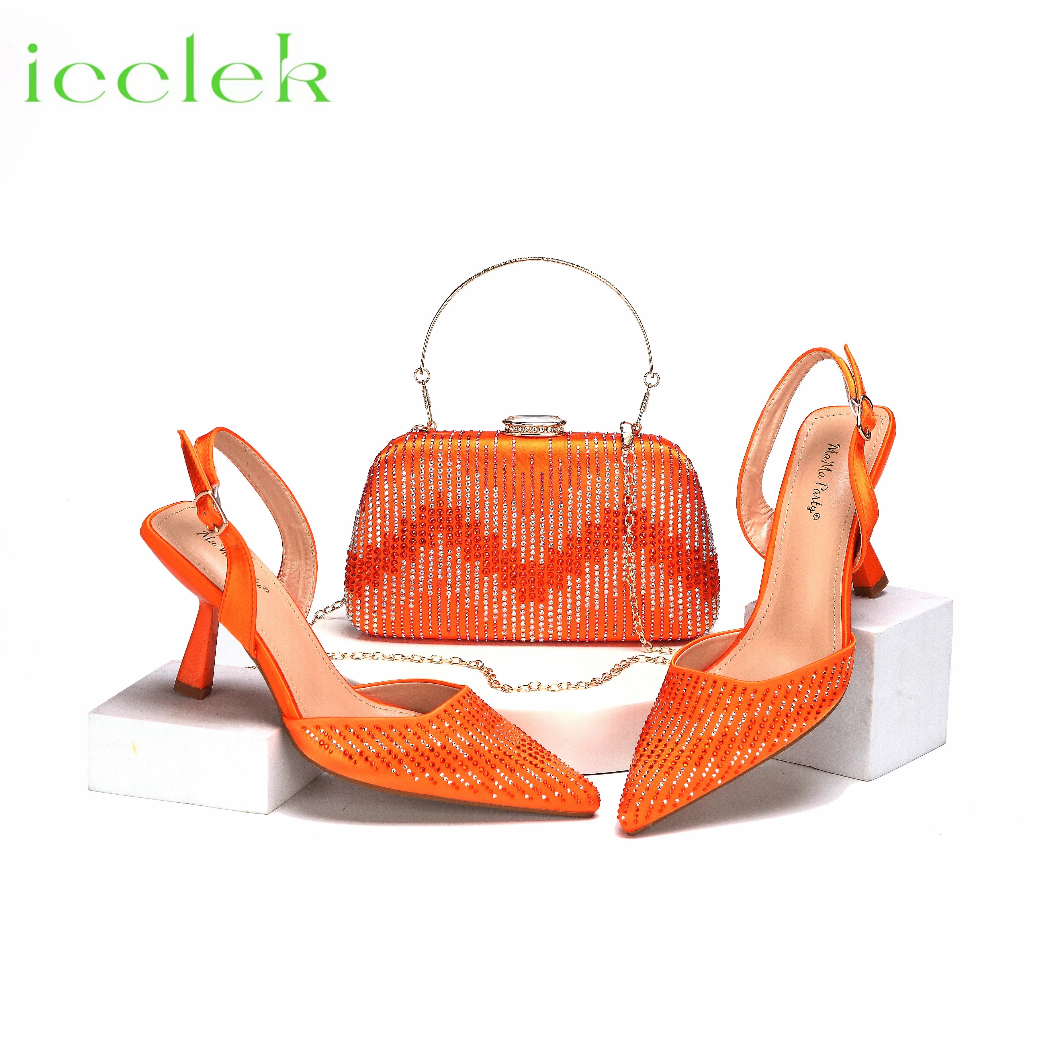 Orange Color Pointed Toe Crystal Design Thin Heel Ladies Shoes Matching Bag Set