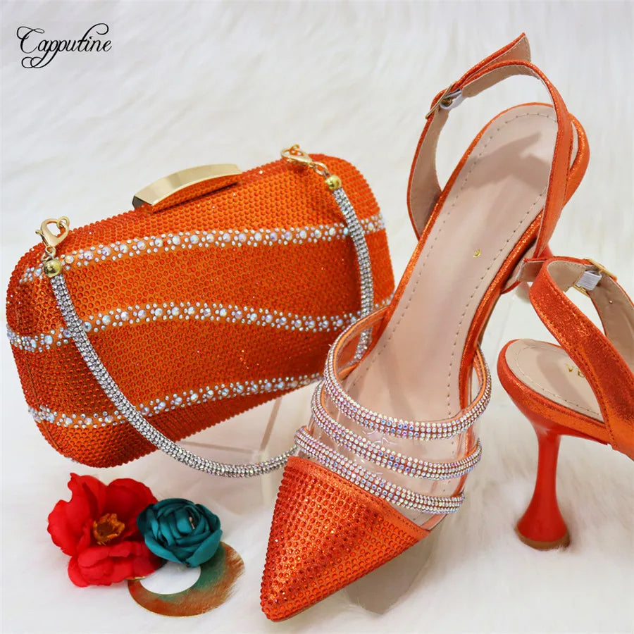 Orange Woman Shoes And Bag Set To Match Luxury Ladies High Heels Pumps