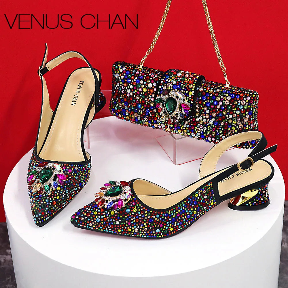 Pointed Toe Crystal Design Thin Heel Ladies Shoes Matching Bag Set