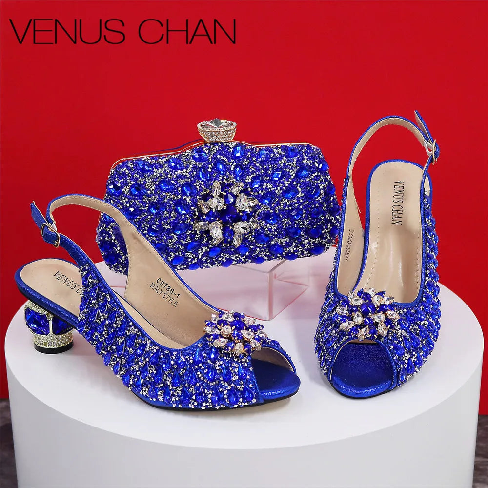 Pointed Toe Crystal Design Thin Heel Ladies Shoes Matching Bag Set