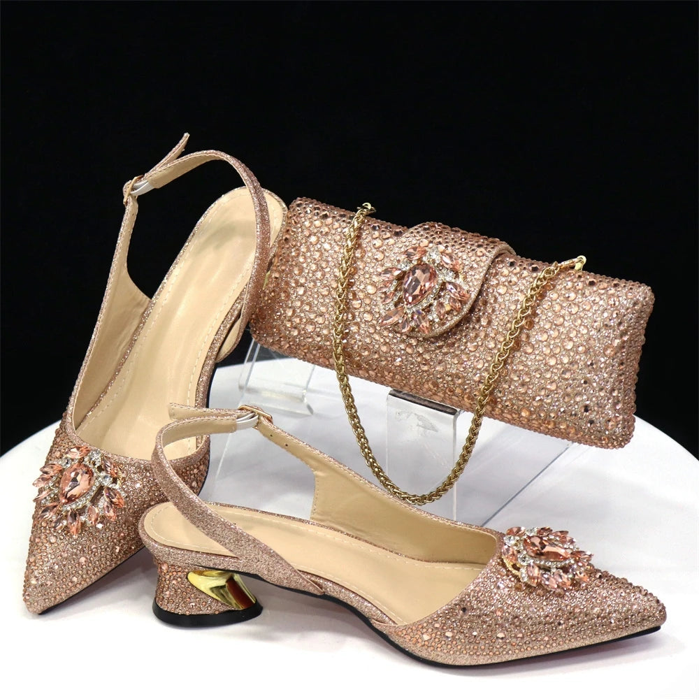 Peach Woman Shoes And Bag Set African Ladies Stones Pumps Match