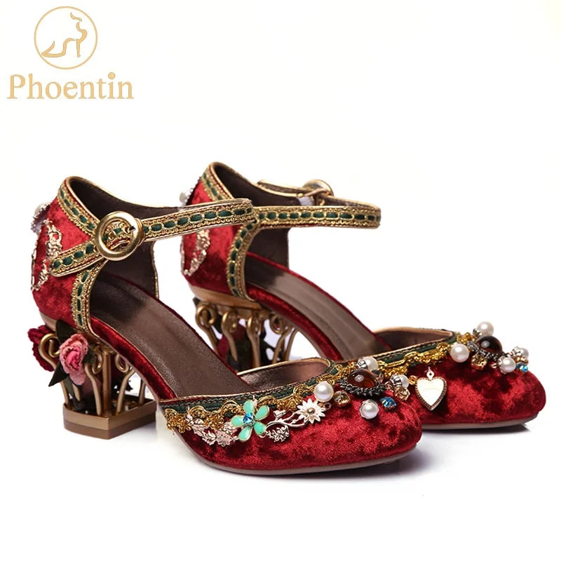 Stylish Ankle Strap Heels for Women--Phoentin velvet ankle strap Chinese wedding shoes women crystal buckle pearl