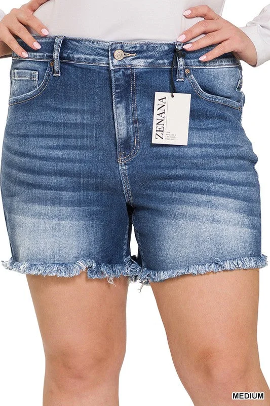 Women's denim shorts or in what great denim stylists if top stylist with best of stylists-Plus Mid Rise Raw Frayed Hem Denim Shorts