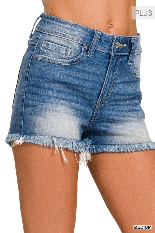 Women's denim shorts or can stylist for denim high plus a-Plus Mid Rise Raw Frayed Hem Denim Shorts
