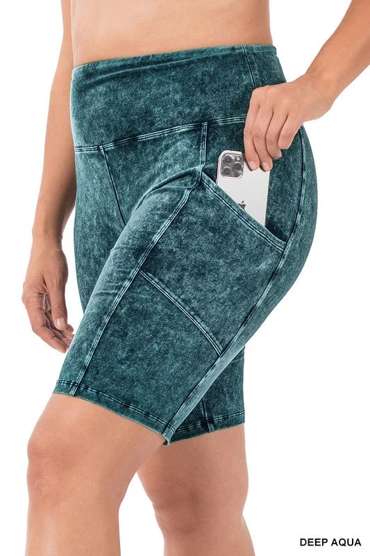 Women's denim shorts for a kayaking trip-Plus Mineral Wash Wide Waistband Pocket Leggings Women's denim shorts for a kayaking trip-Plus Mineral Wash Wide Waistband Pocket Leggings