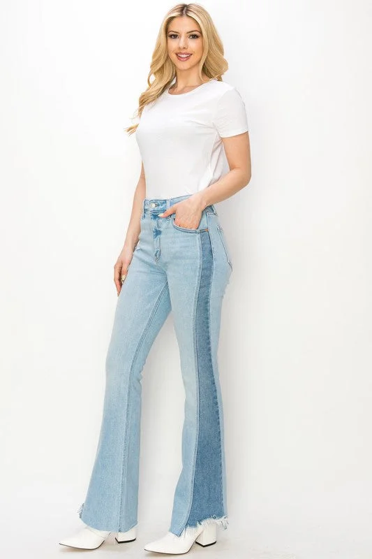Women's denim jeans with an elastic waistband-PLUS SIZE - HIGH RISE BOOT CUT COLOR PANEL DETAIL