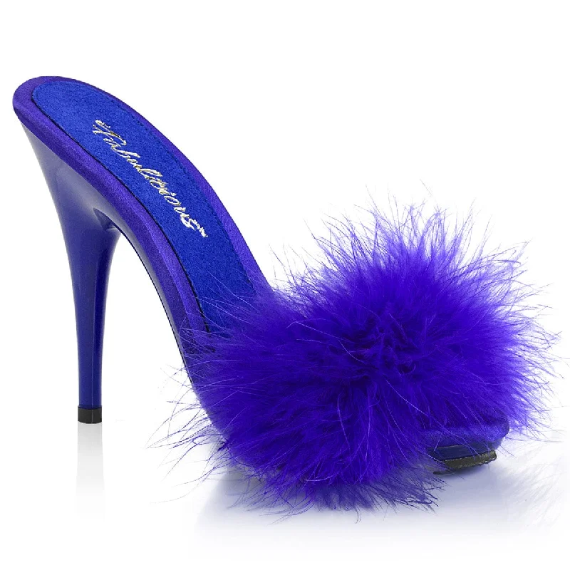 POISE-501F Blue Satin-Marabou Fur/BlueAffordable Satin Heels with a Luxe Touch