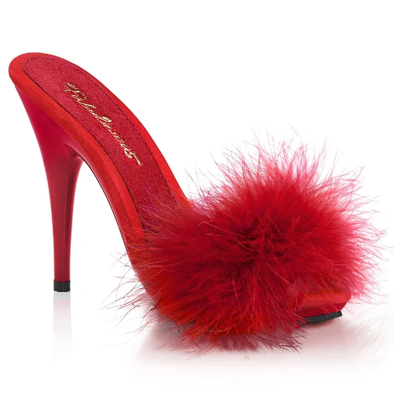 POISE-501F Red Satin-Marabou Fur/RedAffordable Satin Heels with a Luxe Touch