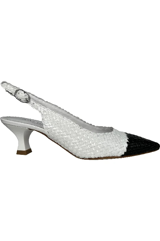 Pons Quintana Carol Cap Toe Woven Leather Pointy Slingback 9736.0P0 | Blanco/Negro (White/Black) | Clearance Final Sale---Comfortable Leather Pumps for Office and Everyday Wear