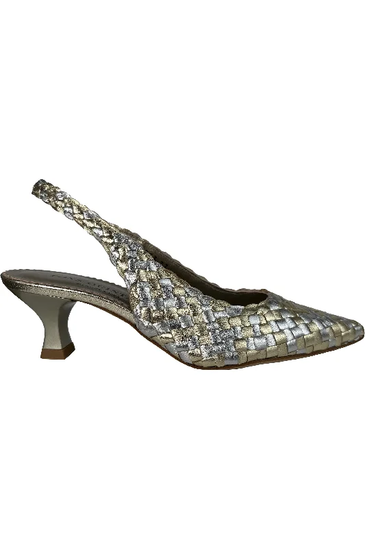 Pons Quintana Carol Woven Leather Pointy Slingback 9733.0P0 | Platino/Silver (Gold/Silver Metallic)---Comfortable Leather Pumps for Office and Everyday Wear