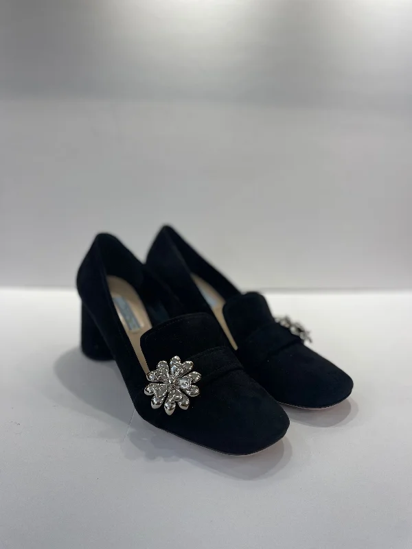 Affordable Suede Ankle Pumps for All-Day Wear--PRADA suede silver flower pumps/ 38.5-8