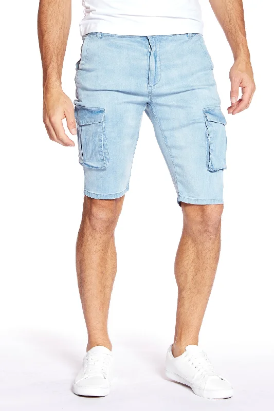 Women's denim shorts with tummy control :PRESLEY - Zip Front Cargo Shorts - Light Blue Bleach