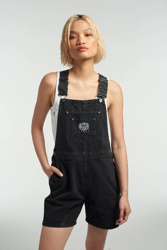 Women's denim shorts for travel-Ragged Black Dungaree Shorts