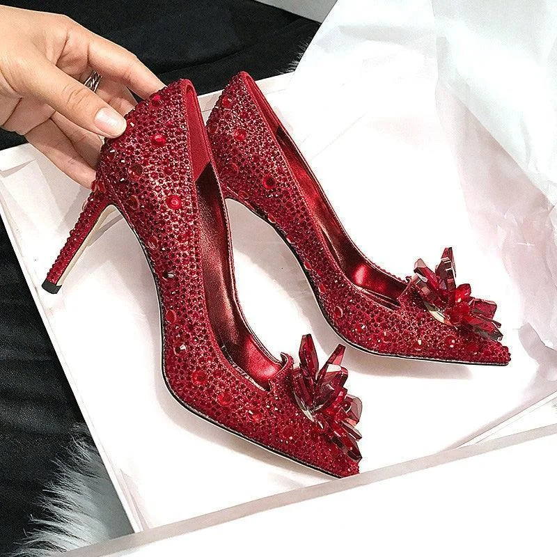 Affordable Rhinestone Pumps for a Dazzling Look---Red Crystal Rhinestone Heel Pumps Shoes