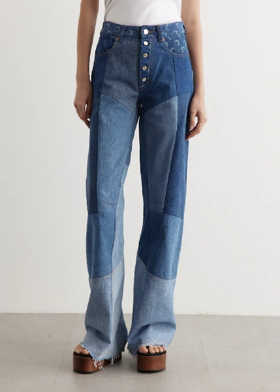 Women's denim jeans with a fish embellishment-Regenerated Denim Flare Pants