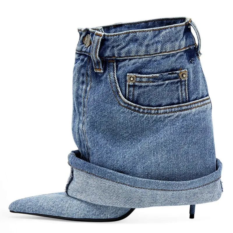 Retro Rhythm Denim Heels---Chic Denim Fabric Heels for a Unique Look