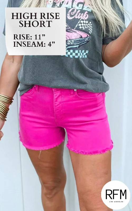 Women's denim shorts with a tie dye design-Pink Candy RFM Essential Shorts Fray Hem w/ Side Slit | YMI (REG/CURVY) - Final Sale