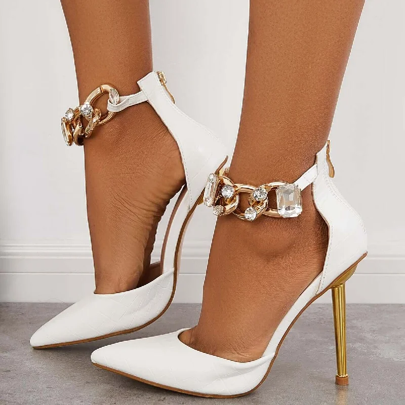 Stylish Ankle Strap Heels for Women--Sohiwoo  Women Pointed Toe Stilettos High Heels Rhinestone Ankle Strap Pumps