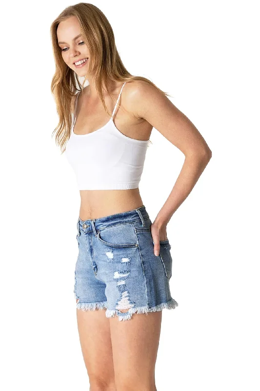 Women's denim shorts with earrings-Ripped Boyfriend Shorts
