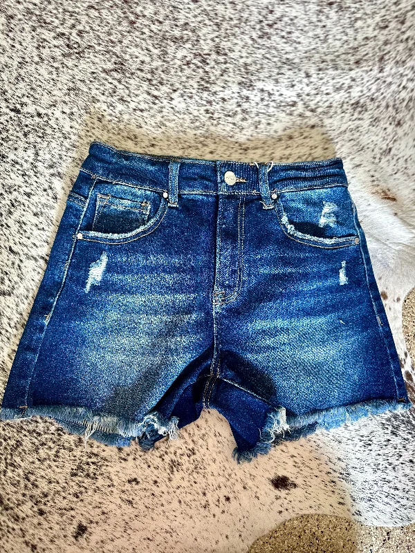 Women's denim shorts with multiple style rises :Risen Dark Wash Fray Hem Shorts