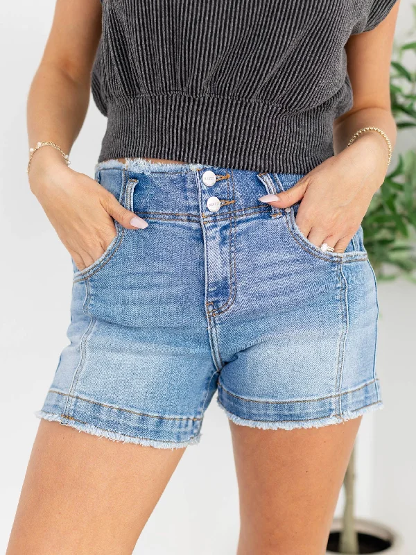 Women's denim shorts for styling a loose short :RISEN High Rise Button Seam Detail Short