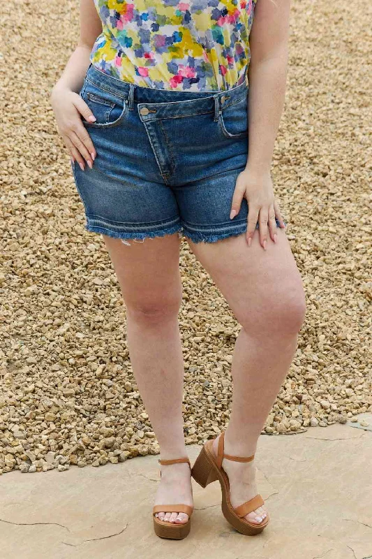 Women's denim shorts with a floral print-RISEN Maya Full Size Mid Rise Asymmetrical Shorts