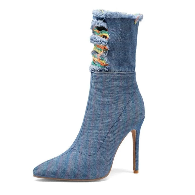 Rizzie Denim High Heels---Chic Denim Fabric Heels for a Unique Look