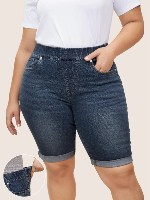 Women's denim shorts or top is what -Roll Hem Elastic Waist Dark Wash Denim Shorts
