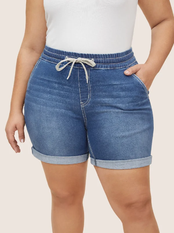 Where is the affordable 2025 new stylists Denim for you-Roll Hem Elastic Waist Drawstring Denim Shorts