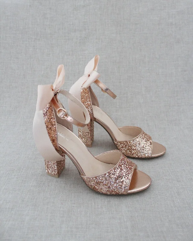 Trendy Chunky Heel Pumps for Casual Wear--Wedding Sparkly Tall Block Heel with Long Bow