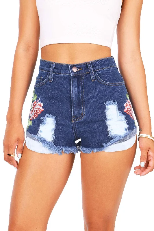 Women's denim shorts for plus size figures :Rosevine High Waist Shorts