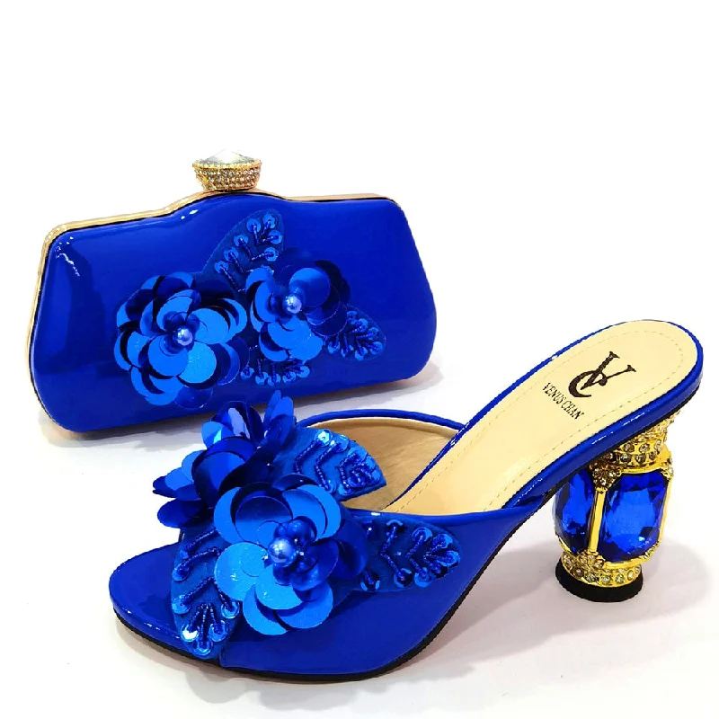 Affordable Rhinestone Pumps for a Dazzling Look---Royal Blue Color Matching Women Shoe and Bag Decorated with Rhinestone