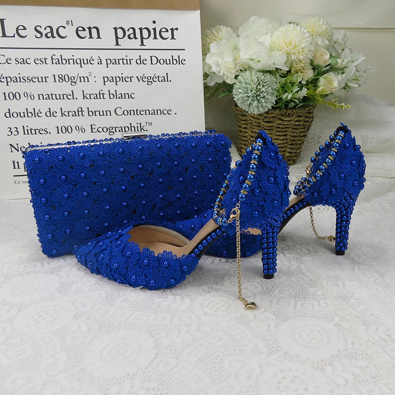 Stiletto Heel Pumps with Perfect Fit--Royal Blue Lace Flower wedding shoes with matching bags High heels Pointed Toe-Fashionable & Classic