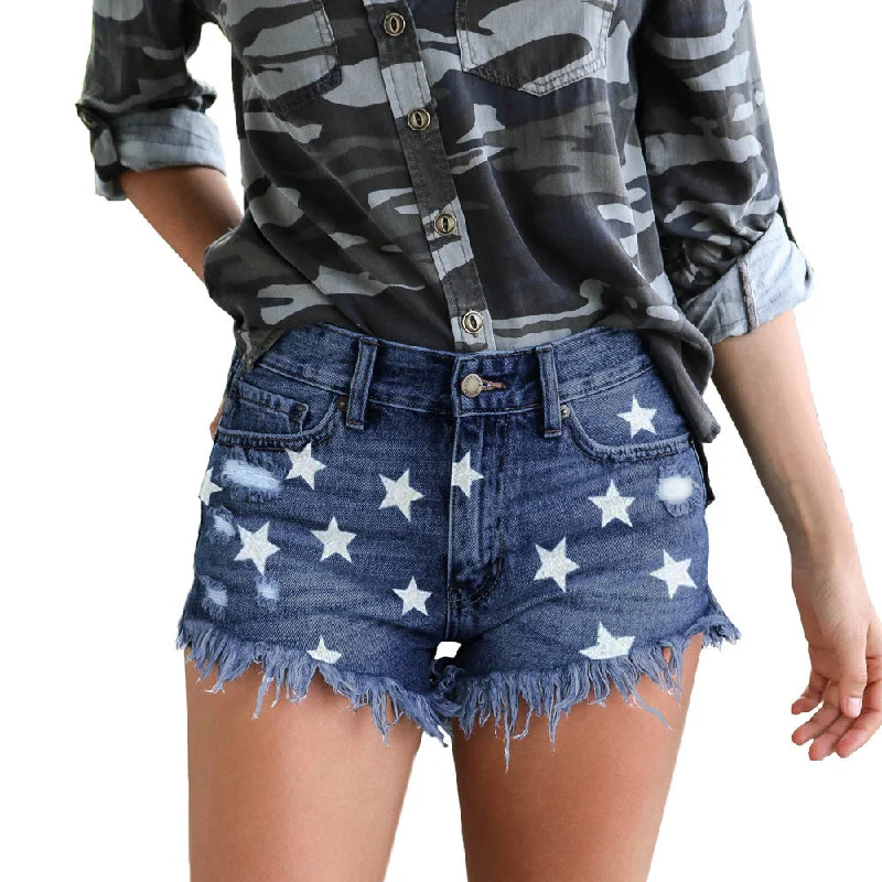 Women's denim shorts and a cardigan-Sexy Ripped Denim Shorts Star Print Wholesale Womens Clothing N3823090500065 Women's denim shorts and a cardigan-Sexy Ripped Denim Shorts Star Print Wholesale Womens Clothing N3823090500065