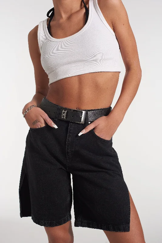 Women's denim shorts with a low-rise waist-Side Split Short - Charcoal