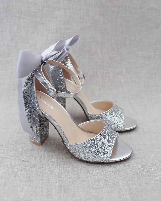 Trendy Chunky Heel Pumps for Casual Wear--Sparkly Tall Evening Block Heel with Long Bow