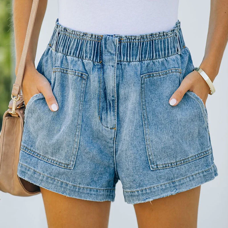 Women's denim shorts for a casual date-Simple Elasticated Waist Pocket Straight-Leg Washed Denim Shorts Wholesale Women Bottom
