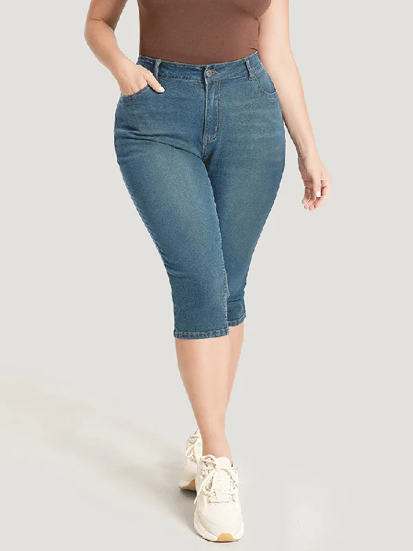 Women's denim shorts and a button-down shirt-Skinny Very Stretchy Dark Wash Split Knee Denim Shorts